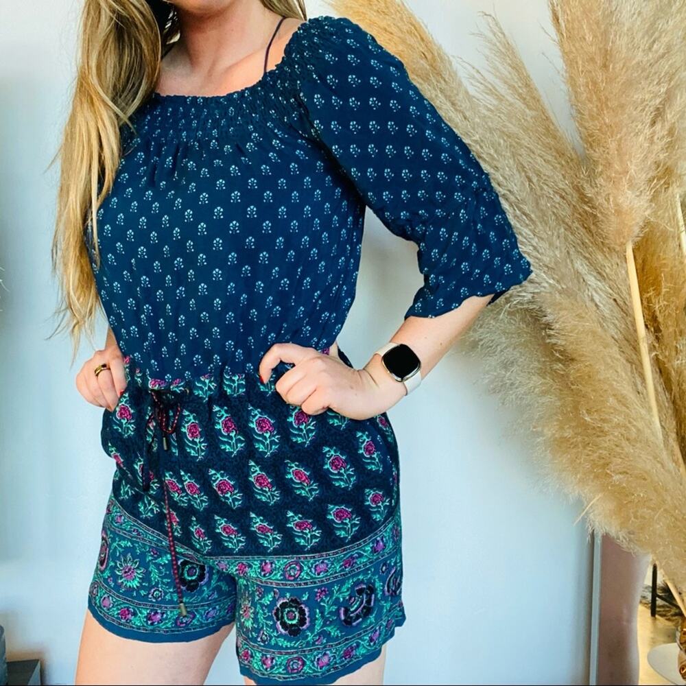 ETT TWA ANTHROPOLOGIE Navy Blue Purple Floral Printed Shorts Kaleo Romper S Boho - Picture 7 of 12